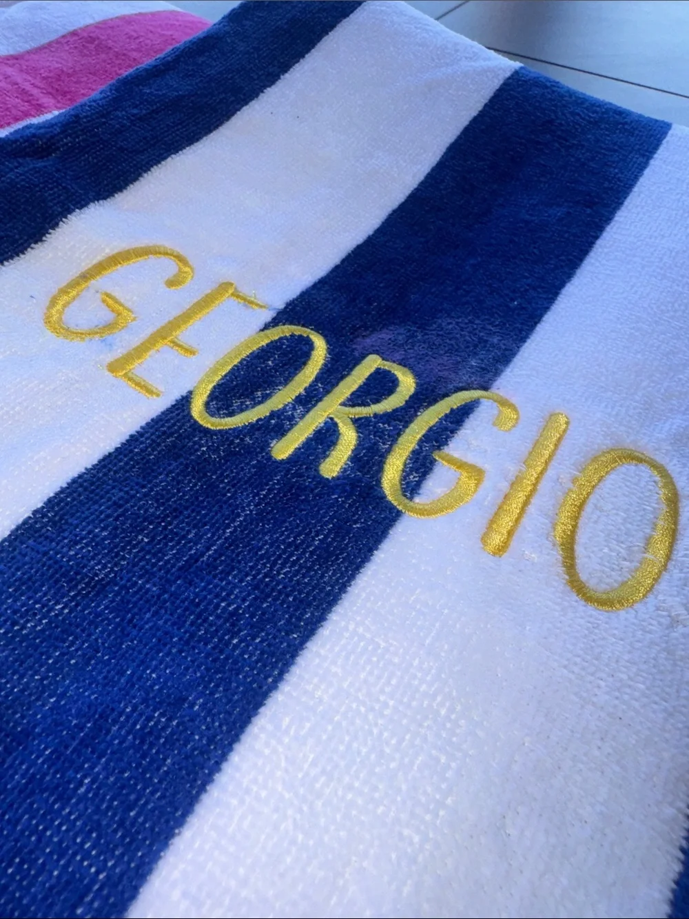 Embroidered Beach Towel - Custom Name, Navy Pink Teal Green Orange Stripes